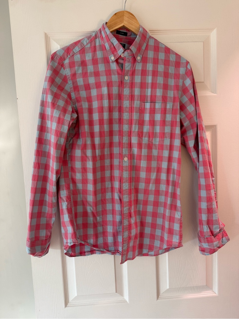J. Crew Factory Pink and Light Blue Checked Button-Down Shirt Slim